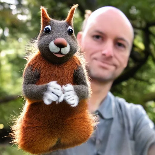 Prompt: a weresquirrel holding a sooty puppet