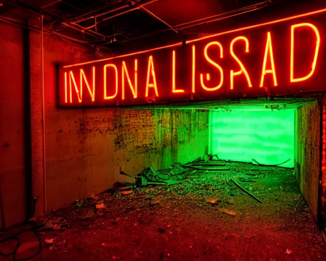 Image similar to An abandoned industial basement lit by a neon sign that says GAK, GAK sign, basement, cinematography by Robby Müller, GAK basement, industrial