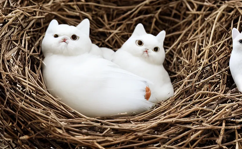 Prompt: A dove and an exotic shorthair cat guarding their eggs in a nest, eggs with faces, white doves, nest is made of sticks, national geographic, odd, depth of field, photorealistic