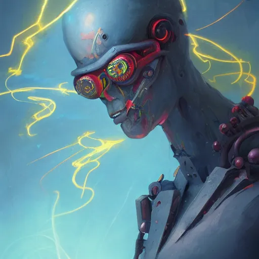 Image similar to medium shot of a ghostly transparent yellow lightning elemental humanoid with red and blue goggles, cyberpunk concept art by pete mohrbacher and seb mckinnon and beksinski and josan gonzales, digital art, highly detailed, intricate, sci-fi, sharp focus, Trending on Artstation HQ, deviantart, unreal engine 5, 4K UHD image