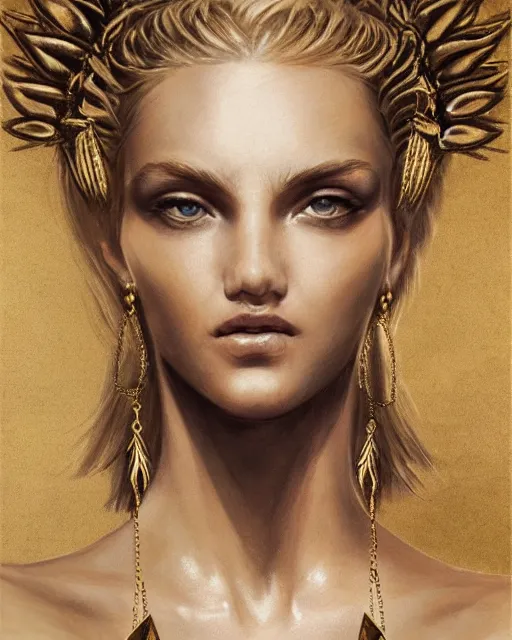 Image similar to tattoo sketch of blonde super model aphrodite greek goddess wearing a gold laurel wreath and triangle earrings, beautiful piercing gaze with sharp pupils, in the style of greg rutkowski, fantasy, amazing detail, epic, elegant, smooth, sharp focus, front view