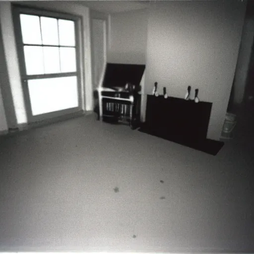 Prompt: a strange high flash photo of an empty suburban home, there's a creepy face on the television, 2 0 0 6, taken with a disposable camera