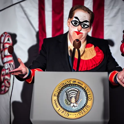 Image similar to string puppet of a president with clown makeup in a podium and a human shadow behind