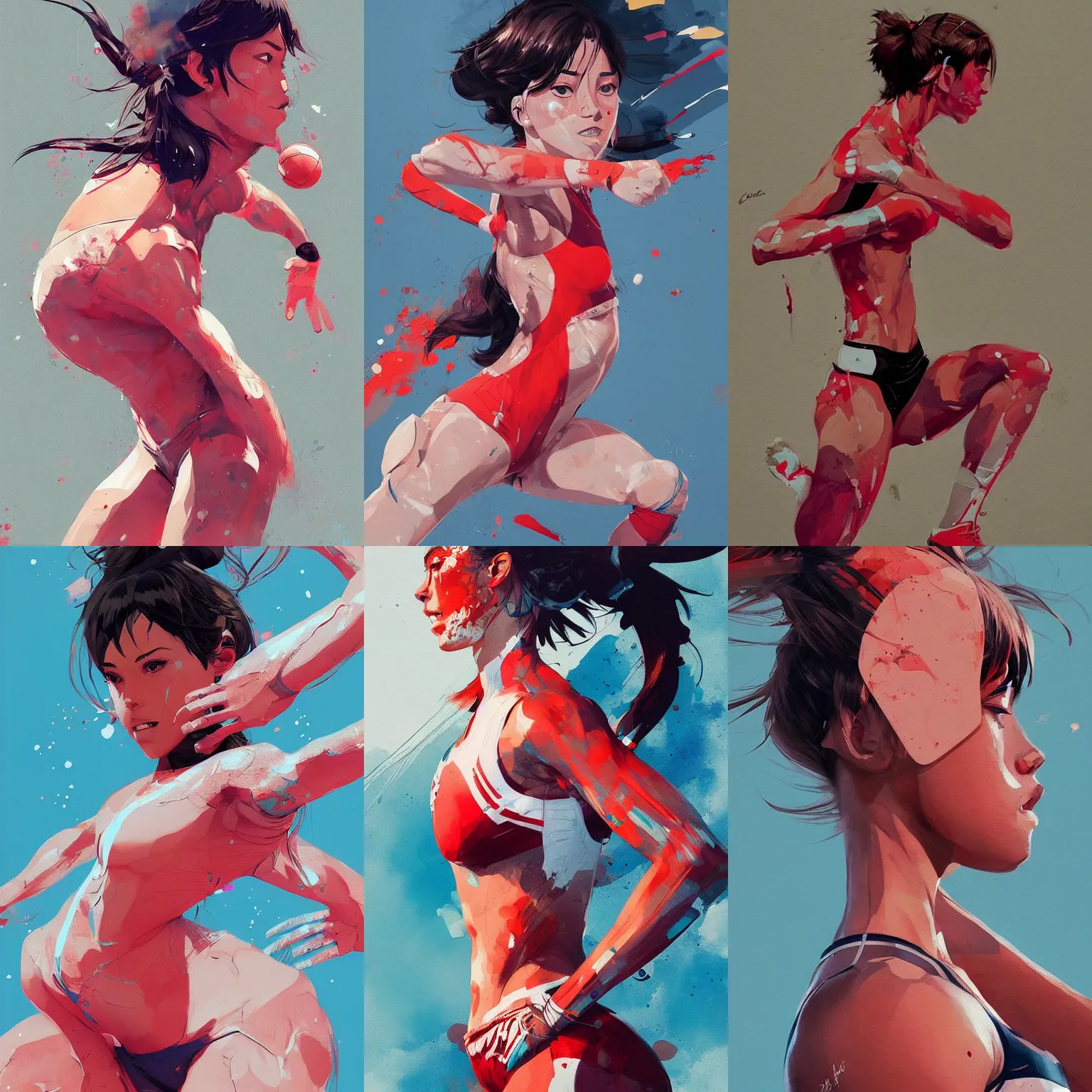 Prompt: a ultra detailed beautiful painting of a cute female athlete, sports setting, by conrad roset, greg rutkowski and makoto shinkai, trending on artstation, 8 k