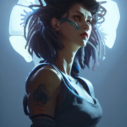 Image similar to full body portrait of loba from apex legends, mischievous expression, sultry smirk, bangs and wavy hair, intricate, elegant, glowing lights, highly detailed, digital painting, artstation, concept art, smooth, sharp focus, illustration, art by wlop, mars ravelo and greg rutkowski