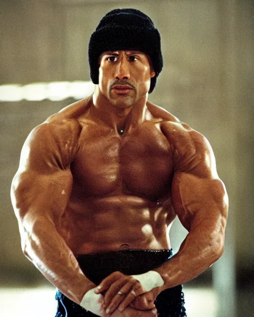 Image similar to Film still close-up shot of Dwayne Johnson as Rocky Balboa from the movie Rocky. Photographic, photography