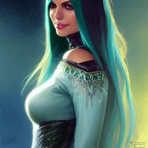 Prompt: Victoria Justice with teal hair and green eyes as Emma Frost, western, D&D, fantasy, intricate, elegant, highly detailed, digital painting, artstation, concept art, matte, sharp focus, illustration, art by Artgerm and Greg Rutkowski and Alphonse Mucha