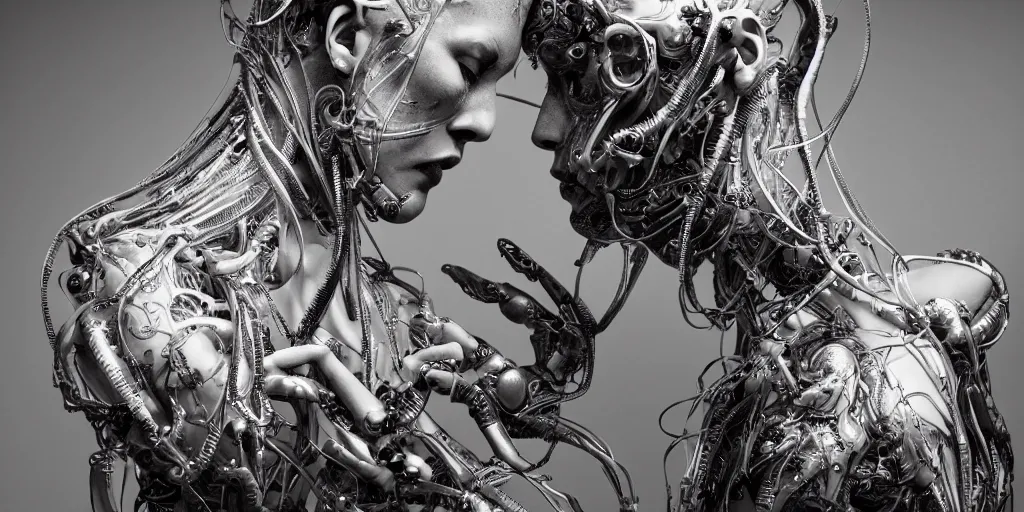Prompt: hyper realistic photography of a stunningly beautiful cyborg male, neck, plated arm, intimate, holding close, ribbons, in the style of beth cavener, jin kagetsu,, and wlop, highly detailed, intricate filigree, symmetry, masterpiece, award winning, sharp focus, concept art, highkey lighting, ambient lighting, octane render, 8 k, artstation
