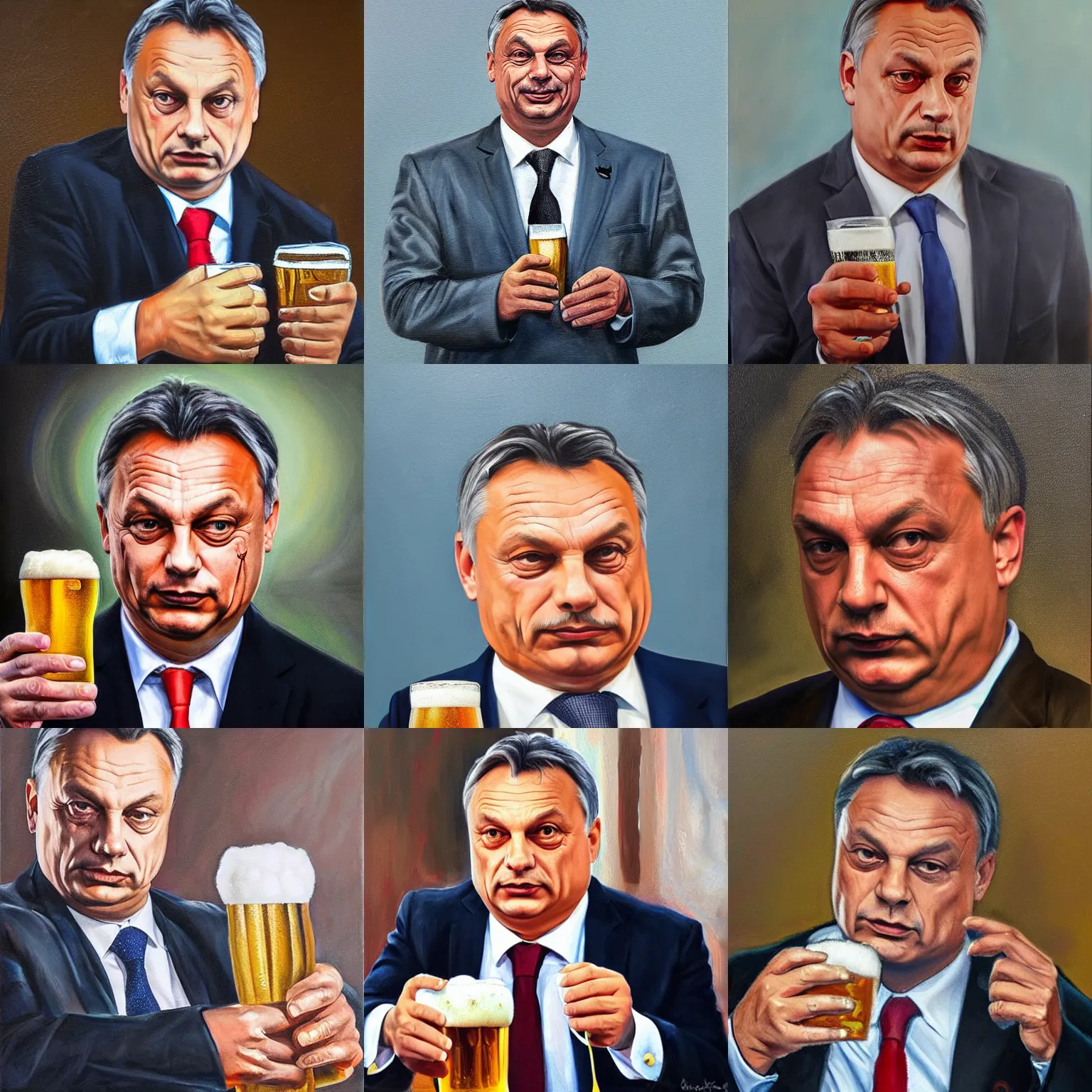 Prompt: viktor orban with a beer, anatomically correct, oil painting, hyper realistic, 8 k highly detailed