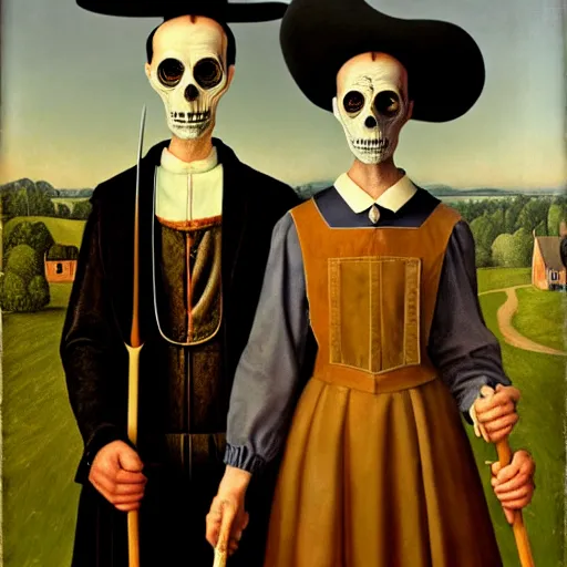 Prompt: American Gothic reimagined as plague doctors