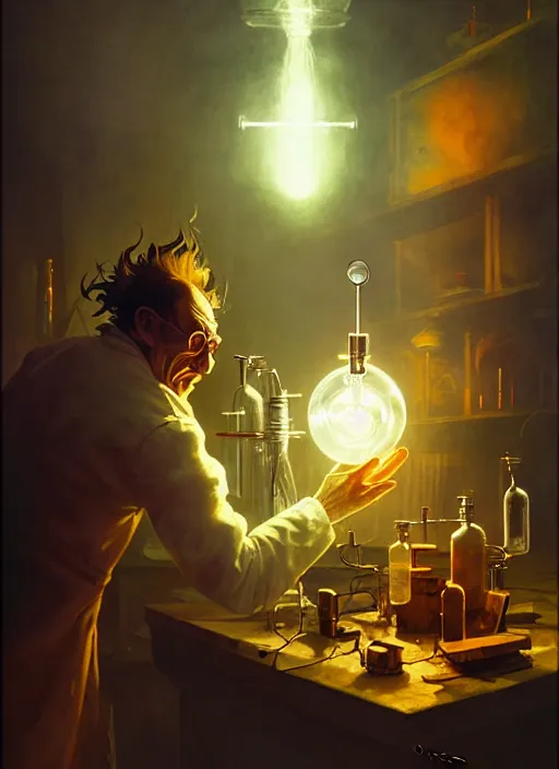 Image similar to mad scientist performing a experiment by otto dix and greg rutkowski and andreas rocha, cinematic lighting, highly detailed, warm colours, 8 k