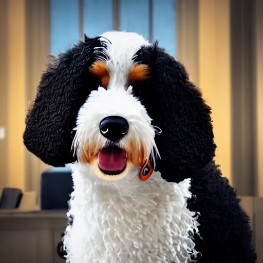 Image similar to a closeup photorealistic photograph of a cute smiling knitted bernedoodle judge dog dressed in a black gown, presiding over the courthouse. indoor image, professional capture, well lit shot. this 4 k hd image is trending on artstation, featured on behance, well - rendered, extra crisp, features intricate detail, epic composition and the style of unreal engine.