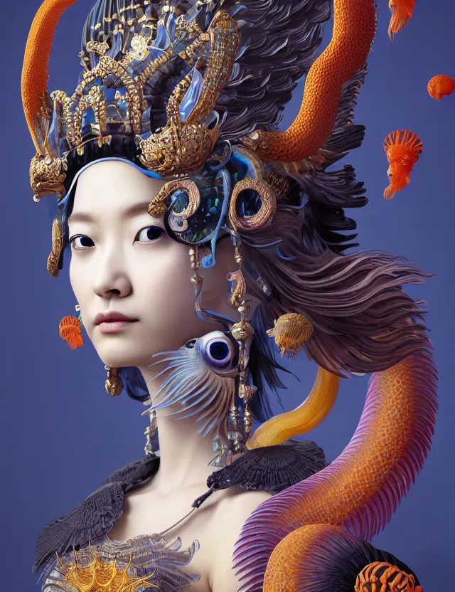 Image similar to 3 d goddess close - up profile portrait with crown, ram skull. beautiful intricately detailed japanese crow kitsune mask and clasical japanese kimono. betta fish, jellyfish phoenix, bio luminescent, plasma, ice, water, wind, creature, artwork by tooth wu and wlop and beeple and greg rutkowski