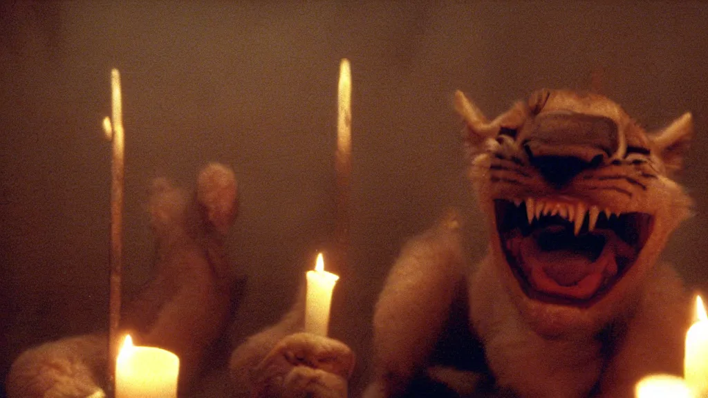 Prompt: Simba with sharp teeth grinning maniacally, a satanic ritual with candles and a pentagram, movie screenshot directed by David Fincher, and cinematography by Roger Deakins. Shot from a low angle. Cinematic. 24mm lens, 35mm film, Fujifilm Reala, f8