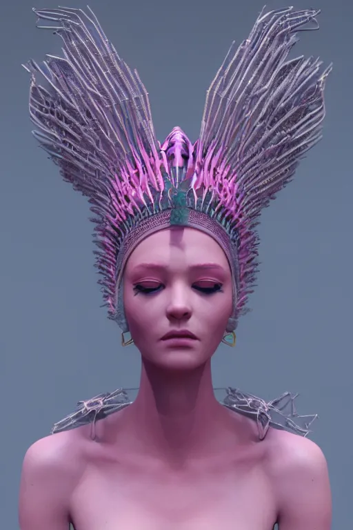 Image similar to epic 3 d sculpture of trans model, mesh headdress, 2 0 mm, with pastel pink and cerulean hextech bursting, perlin noise melting into mogwai, delicate, beautiful, intricate, houdini sidefx, trending on artstation, by jeremy mann and ilya kuvshinov, jamie hewlett and ayami kojima