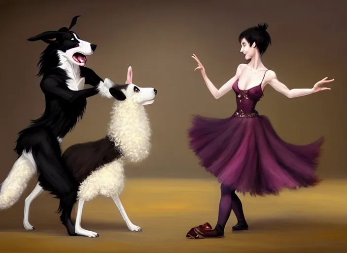 Image similar to wide shot painting of a male anthropomorphic border collie fursona dancing with a cute female anthropomorphic sheep fursona in a ballroom, beautiful, intricate, elegant, realistic proportions, highly detailed, scenic background, trending on artstation, art by charlie bowater and henry asencio and and ross tran