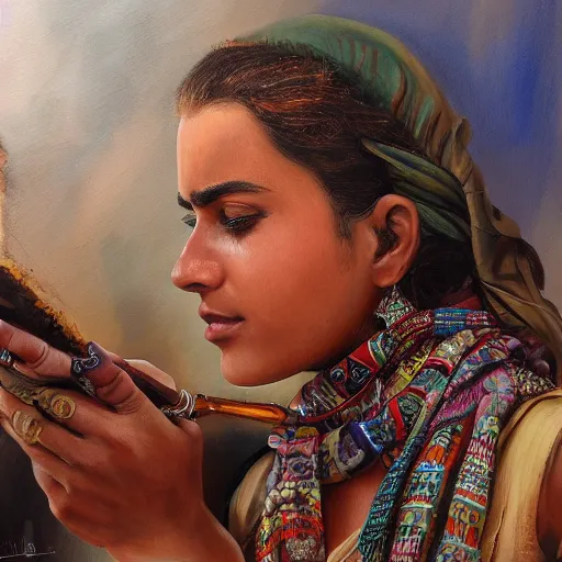 Image similar to Kurdish interpreter, award winning painting, incredibly detailed, extremely detailed, trending on artstation, hyperealistic, 8k hd