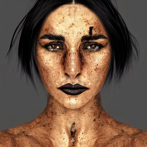 Image similar to pretty black haired woman, with freckles on face, suntanned skin, dark brown middle eastern eyes narrowed, scar on left side of neck, wearing black armor, digital art, hyperdetailed, hyperrealistic, 4 k, 8 k