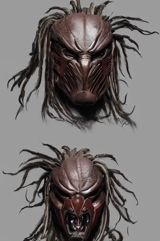 Image similar to predator 1 9 8 7 film mask redesign, portrait, highly detailed, dreadlocks, mandables, digital painting, trending on artstation, concept art, illustration