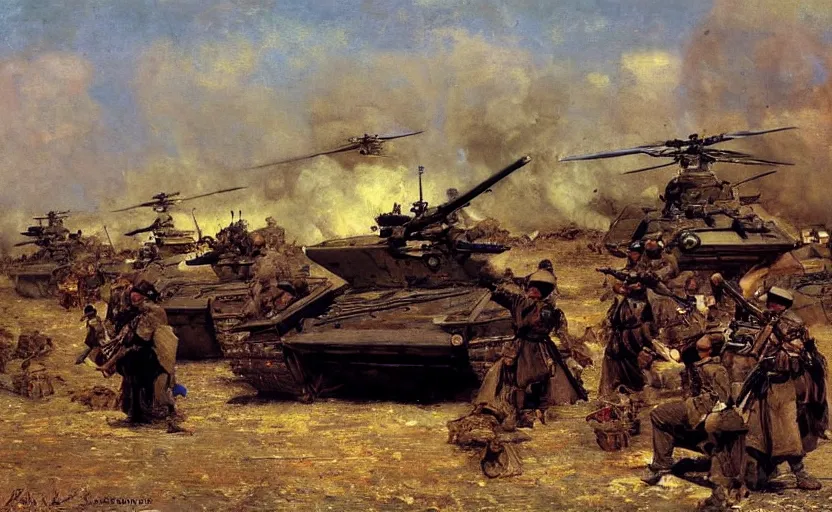 Image similar to high quality high detail painting by ilya repin, soldiers and tanks and choppers, hd