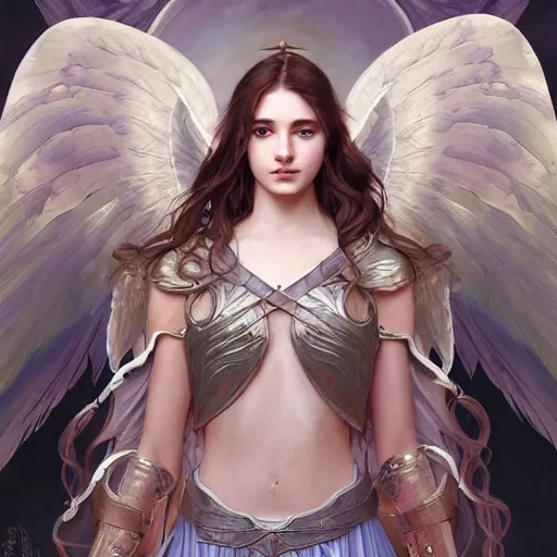 Image similar to portrait of young aasimar angel girl maiden wearing comfy leather armor with beautiful feathered angel wings, brown eyes, by artgerm and greg rutkowski and alphonse mucha and andrei riabovitchev and Rossdraws and Bluesssatan and Mandy Jurgens and Stjepan Sejic, 4k oil on linen, vivid colors, colorful, photorealistic, high dynamic range, HDR, intricate, elegant, highly detailed, digital painting, artstation, concept art, smooth, sharp focus, illustration, mid-shot, medium shot, hyperdetailed