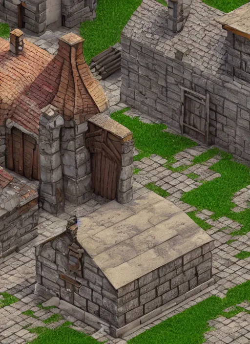 Image similar to isometric medieval bakery building, unreal engine render, 8 k