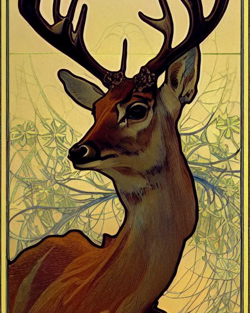 Image similar to an art nouveau painting of a deer with antlers, highly detailed, intricate, artstation, by alphonse mucha and james gurney