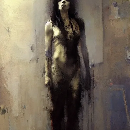 Image similar to full length portrait of a goddess, by Jeremy Mann, detailed, stylized, loose brush strokes, intricate, realistic