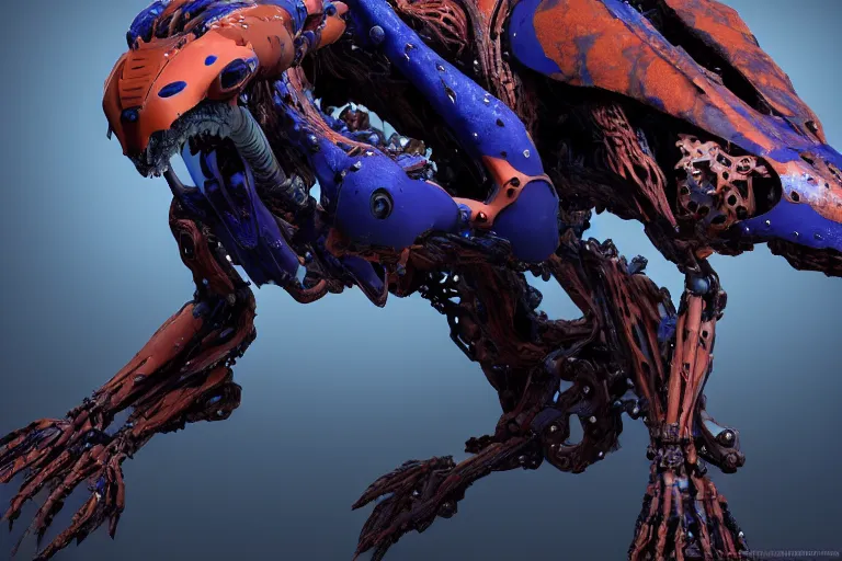 Prompt: portrait of a posed hyper detailed brown and ultramarine leaplasher evangelion realistic mechanical and fleshy organic creature similar look as horizon forbidden west horizon zero dawn bioluminiscence in a dark deep forest at dawn in spring, with reflection and textures, by kilian eng, substance painter reaslitic mech surface metal painted scratches