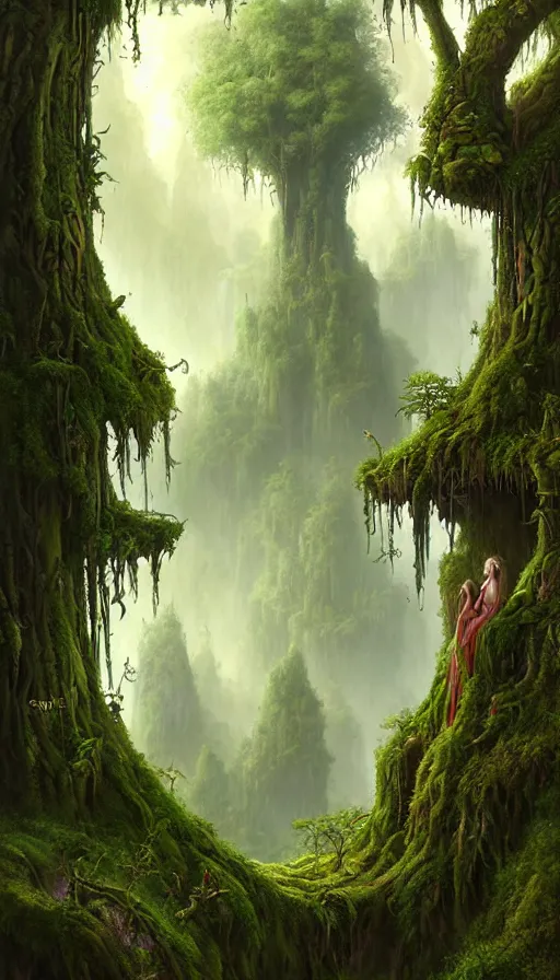 Image similar to fairy palace, castle towers, gnarly trees, lush vegetation, forest landscape, painted by tom bagshaw, raphael lacoste, eddie mendoza, alex ross concept art matte painting