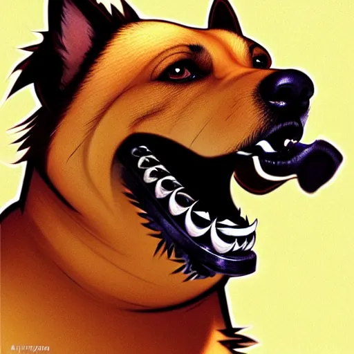 Image similar to orange and brown skinned dog with crazed eyes, and a strained toothy grin smile. has spiky long unwashed hair. he wears a metalic dog collar, smooth, sharp focus, illustration, art by artgerm and greg rutkowski and alphonse mucha