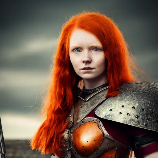 Prompt: north female warrior, red hair, ginger hair, fantasy, high detailed, full body, photography, cloudy, lightweight armor, Scandinavia, plain, Authentic, detailed face, cute face, professional photographer, 8k 3D