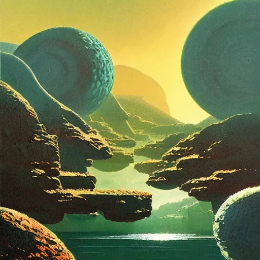 Prompt: beautiful illustration of a lush natural scene on an alien planet by vincent di fate. science fiction. extremely detailed. beautiful landscape. weird vegetation. cliffs and water.