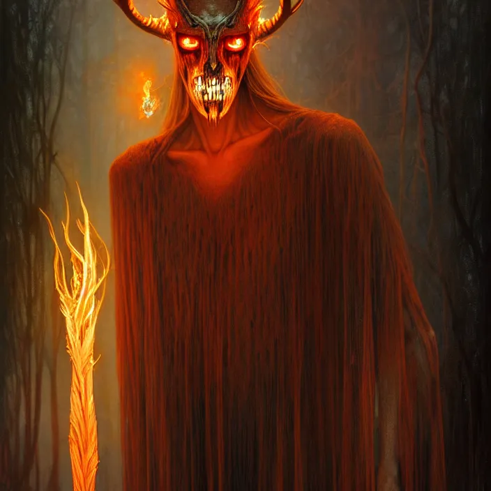 Image similar to translucent Wendigo with flaming eyes, veiled in mist, diffuse lighting, fantasy, intricate, elegant, highly detailed, lifelike, photorealistic, digital painting, artstation, illustration, concept art, smooth, sharp focus, art by John Collier and Albert Aublet and Krenz Cushart and Artem Demura and Alphonse Mucha