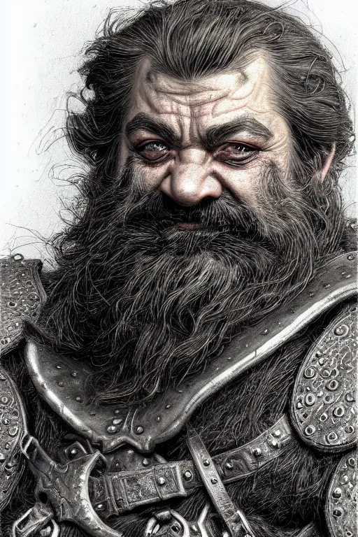 Image similar to head and shoulders portrait of a dwarf adventurer, scarred lip, grandfatherly, leather armor, male, high fantasy, d & d, by donato giancola, face details, extremely detailed, digital illustration