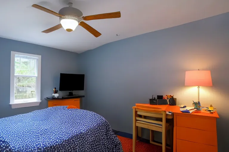 Image similar to a 10 by 11 foot old bed room with blue grey criss cross patterned walls, white ceiling, navy blue carpet, a small bed, desk, two wooden wardrobes, an old TV, and a ceiling fan gives off a dim orange light at night time