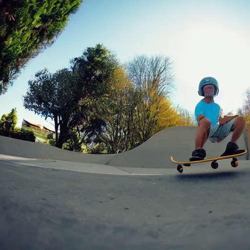 Prompt: walter white skateboarding, fisheye lens, sunny day