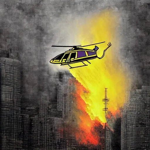 Image similar to helicopter on fire flies into the building, yellow colors, digital art