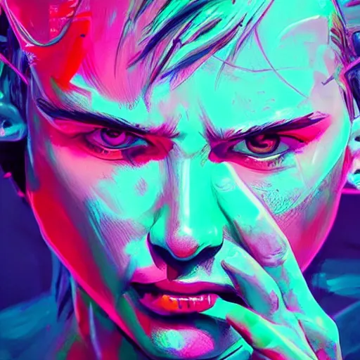 Image similar to splashes of neon, portrait made out of paint, trending on artstation, epic composition, emotional, beautiful, rendered in octane, unreal engine, highly detailed, realistic, comic book art, punk style