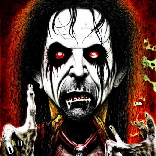 Image similar to graphic illustration, creative design, rob zombie as alice cooper, biopunk, francis bacon, highly detailed, hunter s thompson, concept art