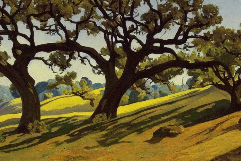 Image similar to masterpiece painting of oak trees on a hillside overlooking a creek, by harold gilman