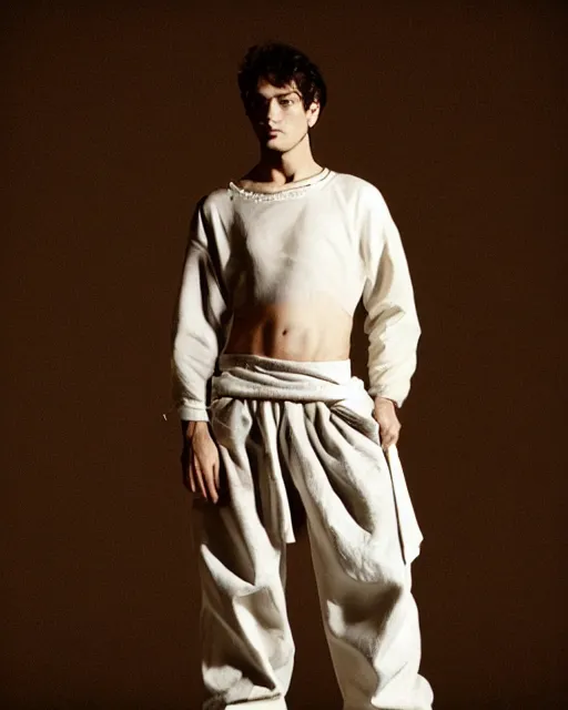 Prompt: an award - winning photo of an ancient male model wearing a plain boot cut flared distressed medieval designer menswear trousers designed by issey miyake, 4 k, studio lighting, wide angle lens, 2 0 0 4