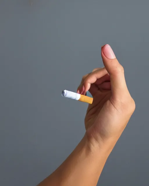 Image similar to you can see in the picture, acurate, real human female hand, holding a cigarette, from the elbow, up to the elbow , hand, five elegant fingers, neat nails, realism, 8k,