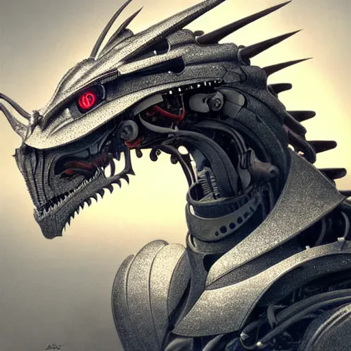 Image similar to Perfectly-centered portrait of a robotic dragon, lifelike, super highly detailed, professional digital painting, artstation, concept art, smooth, sharp focus, extreme illustration, Unreal Engine 5, Photorealism, HD quality, 8k resolution, cinema 4d, 3D, beautiful, cinematic, art by artgerm and greg rutkowski and alphonse mucha and loish and WLOP