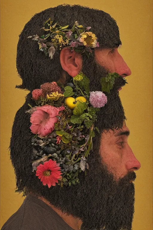 Image similar to a man's face in profile, long beard, a helmet made of flowers and fruit, in the style of the Dutch masters and Gregory crewdson, dark and moody