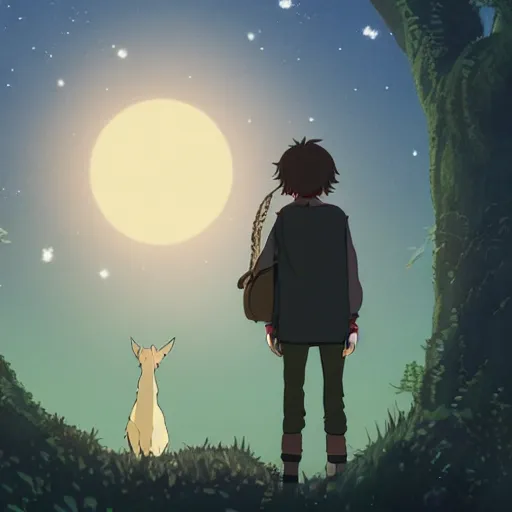 Prompt: guy with a mysteruous creature made by studio ghibli ( in the night ), 8 k, high details, high quality, beautiful scene, smooth