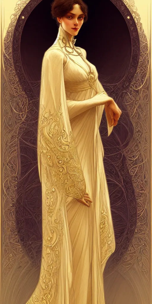 Image similar to character portrait of a modest woman, tall, feminine, powerful, modestly clothed, voluminous, intricate, elegant, highly detailed, digital painting, artstation, smooth, symmetrical, sharp focus, illustration, art by gaston bussiere and alphone mucha