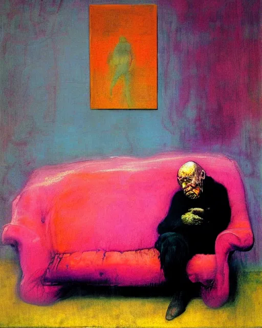 Image similar to thick expressionist acrylic painting of an old dead man sitting on a couch while his wife is crying,  pink and teal and orange and purple Beksinski painting, part by Francisco Goya and Gerhard Richter. art by James Jean, Francis Bacon masterpiece