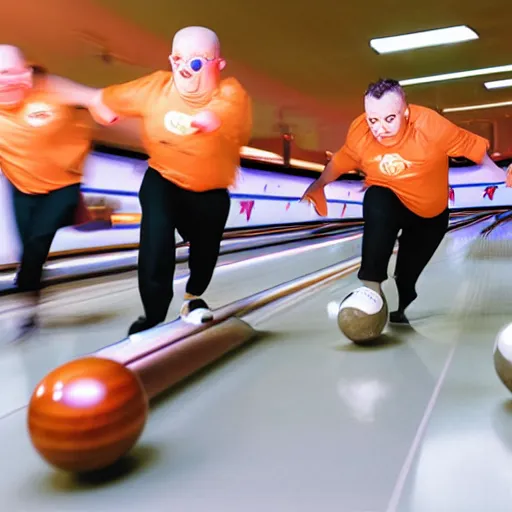 Prompt: photo of a human head bowling-ball rolling down a bowling lane.