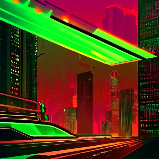 Prompt: cyber punk, futuristic, neo Chicago, blade runner city concept art, in the style of Syd Mead, award winning illustration, neon lights, raining